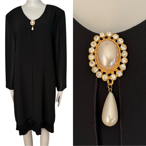 CATTIVA Vintage Crepe Embellished Black Formal Dress Long Sleeve - Picture 1 of 15